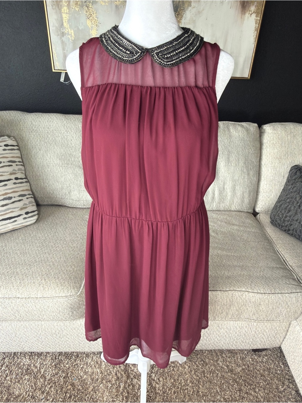 Zara Burgundy Chiffon Sleeveless Dress with Beaded Collar